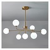 Kronleuchter Globus Mitte des Jahrhunderts 9 Lichter Moderne Goldkronleuchter Deckenpendelleuchten aus gebürstetem Messing mit Lampenschirm aus weißem Kugelglas Wohnen Esszimmer Küche Schlafzimmer ( S