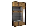 Mirjan24 Garderoben-Set Monati VIII, Kleiderschrank mit Spiegel, Aufsatz, Schuhschrank, Hängeschrank, 8 Doppelhaken, Gepolstertes Wandpaneel, Flurgarderobe (Eiche Artisan/Schwarz, Manila 16)