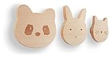 Qomfy Home® Kindergarderobe (3er Set) Katze Hase Panda – Eine moderne Garderobe für Kinder mit präziser Lasergravur – Aus naturbelassenem Holz
