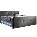 Juskys Boxspringbett Houston 180x200 cm — Doppelbett mit LED-Beleuchtung, Topper & Bonell-Federkern-Matratzen — Bett Polsterbett Grau mit Stoff