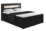 ALTDECOR Boxspringbett mit H3-Matratze (20 cm hoch) mit Bonellfederung, Kunstlederbett, Topper (4 cm hoch), Polsterbett mit Kopfteil und Bettkasten mit LED 160x200 - Schwarz