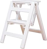 OUYOXI Holz-Tritthocker, klappbare Trittleiter, 2-Stufen-Leiter, kompakt, rutschfest, stabil, für Erwachsene, für Haushalt, Büro, Garage, Garten, Malerei (weiß R)