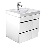 Lomadox Waschtisch 60cm mit Unterschrank in Hochglanz weiß Softclose Schubkästen