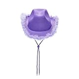 Eghunooye Cowboy Hat with Bandana - Feather Boa Cowgirl Hat for Women and Men, Bachelorette Party Halloween Dress-Up (Hairline silver silk purple, One Size)