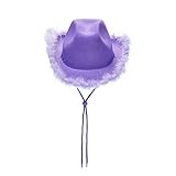 Eghunooye Cowboy Hat with Bandana - Feather Boa Cowgirl Hat for Women and Men, Bachelorette Party Halloween Dress-Up (Hairline silver silk purple, One Size)