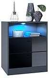 Vladon Kommode Pino V1, Nachttisch mit 2 Schubladen & 1 offenem Fach, Anthrazit matt/Schwarz Hochglanz mit LED RGB (56 x 67,5 x 36 cm)