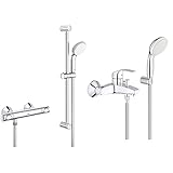 GROHE Precision Flow - Thermostat-Brausearmatur, chrom, 34841000 & Eurosmart - Einhand- Wannenarmatur (mit Brausegarnitur, automatische Umstellung Wanne/Brause), chrom, 3330220A