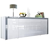 Vladon Sideboard La Paz V2, Kommode mit 2 Türen, 2 Schubkästen und 2 Klappen, Weiß Hochglanz/Weiß Hochglanz/Grau Hochglanz (200 x 72 x 35 cm)