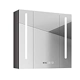 Badezimmer-Medizinschrank, LED-Spiegel mit Lichtern, Kosmetikspiegelschrank, 3-türiger Wandschrank, Antibeschlagvorrichtung, Dimmer, Uhr, 80 cm/90 cm