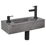 Differnz Jax Waschbecken klein - Handwaschbecken Beton Grau - Armaturen Matt Schwarz - Seifenspender - Wasserhahn Rechts - Waschtisch - 42 x 18.5 x 9 cm