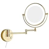 FUDGIO 8-Zoll-Gold-Make-up-Spiegel, doppelseitiger Vergrößerungsspiegel mit LED-Licht, ausziehbarer Wand-Rasierspiegel for Badezimmer mit Schalterstecker (Color : 7X)