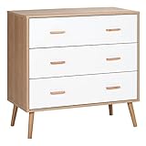 HOMCOM Kommode mit 3 Schubladen Sideboard Schubladenkommode Schrank Mehrzweckschrank Wohnzimmer Esszimmer Skandi-Design Weiß+Natur 80 x 39 x 80 cm