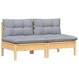 vidaXL Gartensofa 2-Sitzer, Gartenmöbel 2 Mittelsofa mit Grauen Kissen, Modular Sofa Lounge Sitzgruppe für Garten Terrasse Balkon, Loungemöbel, Massivholz Kiefer