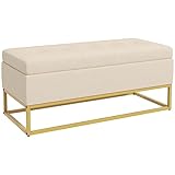 HOMCOM Sitzbank mit Stauraum, Polsterbank mit Klappdeckel, Bettbank mit Samtoptik, Truhenbank mit Stahlbeine, für Wohnzimmer, Schlafzimmer, Beige, 110 x 44 x 49 cm