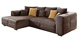 Cavadore Ecksofa Mavericco / Polster Eck-Couch mit Kissen / In Antik-Leder-Optik mit nussbaumfarbenen Holzfüßen / Longchair links / Größe: 285 x 69 x 170 (BxHxT) / Mikrofaser Braun