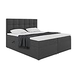 MEBLINI Boxspringbett mit Bettkasten - Gepolstert Doppelbett mit Matratze und Topper - Polsterbett mit Stauraum - Bett mit Kopfteil - Stauraumbett - NILS - 140x200 - H3/Dunkelgrau Webstoff
