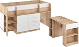 FurnitureByJDM Kompaktes, Modernes Hochbett mit Schreibtisch, Schubladen und Bücherregal – Smile L – (Eiche Sonoma / Weiß), 90 x 200 cm