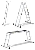 DRABEST Alu Leiter Gelenkleiter 4x3 mit Plattform Trittleiter Mehrzweckleiter Arbeitsgerüst Leiter Tritt Klappbar bis 150 kg belastbar