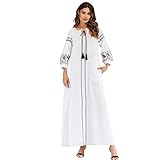 Lazzboy Frauen Langarm Bestickte Arabische Kleid Islam Jilbab Muslimische Damen Herbst Hochzeit Kaftan Robe Tunika Abaya Dubai Abendkleid Muslim Knöchellang Gewand Islamische Kleidung(Weiß,L)