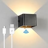 ACMHNC Schwarz Akku Wandleuchte mit Bewegungsmelder Innen LED Wandlampe Batteriebetrieben mit Schalter,5W USB Aufladbare Wandbeleuchtung Magnetische Flurlampe, für Schlafzimmer Wohnzimmer Treppe