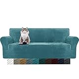 MAXIJIN Thick Velvet Sofabezüge 3-Sitzer Super Stretch rutschfeste Couchbezug für Hunde Katze Haustierfreundlich 1-teilige elastische Möbel Protector Plüsch Sofa Schonbezüge (3 Sitzer, Pfauen Blau)