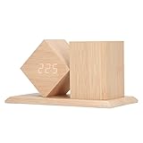 FECAMOS Stifthalter-Uhr, USB-batteriebetrieben, stromsparend, Holzstifthalter, Wecker, Sprachsteuerung, dekorative Grate, kostenlos für Schlafzimmer