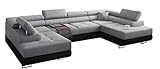 Ecksofa Miami U mit Schlaffunktion, Eckcouch mit Bettkasten, U Form Couch, Ecksofa mit Bettkasten, Sofagarnitur mit Schalffunktion, 338 x 203 cm (Hellgrau + Schwarzer Kunstleder -EKO)