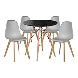 MINGYI Set mit 5 skandinavischen Möbeln, Esstisch, rund, mit 4 skandinavischen Stühlen, Set Küchentisch für 4 Personen (schwarzer Tisch + 4 Stühle, grau)