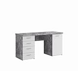 FORTE Net106 Schreibtisch mit 4 Schubladen und 1 Tür, Holzwerkstoff, Betonoptik Lichtgrau / Weiß, 145 x 60 x 76.3 cm