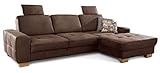 Cavadore Ecksofa Puccino mit Federkern, Bettfunktion, verstellbarer Rückenlehne und 2 Kopfstützen / Couch in L-Form im Landhausstil / 281 x 86 x 178 cm / Mikrofaser braun