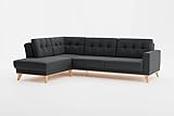 CAVADORE Ecksofa Lima mit Ottomane / Couch in L-Form mit Wellenfederung, Holzrahmen + Steppung im Rücken / Strukturstoff, Dunkelgrau