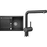 BLANCO Spül-Set in anthrazit – METRA 45 S – Granitspüle aus SILGRANIT für 45 cm Unterschränke + LINUS-S – Küchenarmatur in SILGRANIT-Look – mit herausziehbarem Auslauf