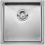 Flache Edelstahl Küchenspüle MIZZO Vasco 40x40 Ohne Überlauf | Edelstahlspüle 1 Becken | Einbau Flächenbündig Unterbau | Eckige Küchenspüle | Flaches Waschbecken Küche | Satin Edelstahl Spüle