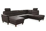 CAVADORE Wohnlandschaft Palera / U-Form Federkern-Sofa mit Schlaffunktion, Stauraum und 2 Kopfstützen / 314 x 89 x 212 / Mikrofaser in Lederoptik, Braun