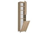 VBChome Hochschrank Eiche Sonoma 40 x 27 x 176 cm Badmöbel Standschrank Badschrank Standschrank auf den Füßen 2 Türen Badezimmerschrank Badregal 4 Fächer 1 Badezimmerkorb Wäschekorb Eiche Sonoma