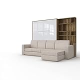 INVENTO Aufklappbett mit Ecksofa - Beige - Wandschrankbett mit dimmbare LED-Beleuchtung - 160 x 200 cm - Nachhaltige Materiellen - Klappbett für Gästezimmer - Wohnzimmer (Eiche/Weiß Glanz)