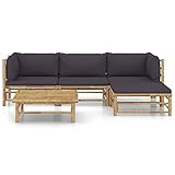 Yolola Gartenmöbel Set Bambus Gartenlounge mit Dunkelgrau Kissen Loungemöbel Terrasse Garten Lounge Sofa Outdoor Couch Set Sitzgruppe Garten Sofagarnitur Terassenmöbel 5-TLG