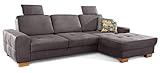 Cavadore Ecksofa Puccino mit Federkern, Bettfunktion, verstellbarer Rückenlehne und 2 Kopfstützen / Couch in L-Form im Landhausstil / 281 x 86 x 178 cm / Mikrofaser grau