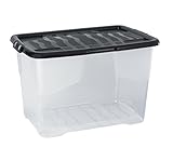 Aufbewahrungsbox Curve mit Deckel aus transparentem Kunststoff. Nutzvolumen von ca. 65 Liter. Stapelbar und nestbar. Maße BxTxH in cm: 61 x 40 x 39 cm
