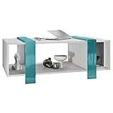 Vladon Couchtisch Ida 110,5 x 42 x 56,5 cm Wohnzimmertisch mit DREI Fächern, Korpus in Weiß matt, Blenden in Petrol Hochglanz | Große Farbauswahl