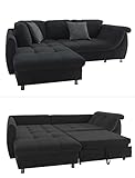 Modernes Ecksofa mit Schlaffunktion, Wellenunterfederung, gemütliches L-Sofa 250 x 190 cm, Longchair Ottomane links, Couch mit Microfaser-Stoff Anthrazit Schwarz, 2 Zierkissen Grau | 17116