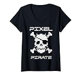 Damen Pixel-Piraten-Geschenk, lustiges und originelles Kostüm, Flagge T-Shirt mit V-Ausschnitt