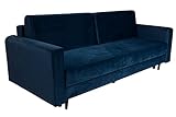 Schlafsofa mit Bettkasten 191x61 cm (Liegefläche 195 x 145 cm) – mit Armlehnen, Zwei Kissen – Stoff: Velour, Farbe Royal Blau – Sofa 3 Sitzer, leicht abwischbar, für Wohnzimmer/Gästezimmer