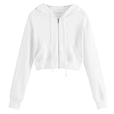 YEBIRAL Damen Sweatjacke, Teenager Mädchen Bauchfrei Kapuzenpullover Langarm Kurz Hoodie Sweatshirt Crop Pullover Tops Kapuzenjacke mit Kordel und Zip (Weiß, S)