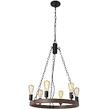 LGDEERCO 6 Lichter Retro Hanfseil Runde Kronleuchter Bauernhaus Handgefertigte Holz Kronleuchter Rustikale Pendelleuchte für Flur Küche Esszimmer Bar Restaurant