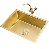 LYSGST Waschbecken im Badezimmer, Spritzpistolen-Wasserhahn, Edelstahl, goldenes eingebettetes Waschbecken, einzelnes Waschbecken unter dem Thekenbecken, Cafe-Bar-Waschbecken, gebürstet