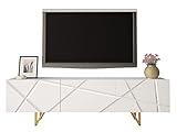 Mirjan24 TV Lowboard Litarez 180 mit 3 Klappen/Türen, Griffloses Öffnungssystem, Gold Metallfüße, Fernsehtisch, Sideboard, Fernsehschrank, TV Tisch, TV Schrank, TV Bank (Weiß/Weiß Hochglanz)