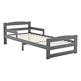 Juskys Jugendbett Arona 90x200 cm mit Lattenrost - Bettgestell aus Massivholz in Grau - Einzelbett mit Rausfallschutz - Stauraum unter dem Bett