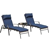 LOKATSE HOME Outdoor Lounge Stuhl Set 3 Stück Terrasse Gepolstert Verstellbare Rückseite Chaises mit Bistrotisch Stahlrahmen für Hinterhof, Veranda, Garten, Pool, Blau