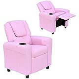 HOMCOM Kindersessel, Minisessel, Kindersofa für 3-6 Jahre alt, Liegefunktion, Eingebauten Becherhalter, Rosa, 62 x 56 x 69 cm